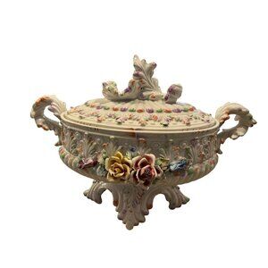 Lg VTG Capodimonte Porcelain Footed Lidded Tureen Floral Handmade In Italy Read